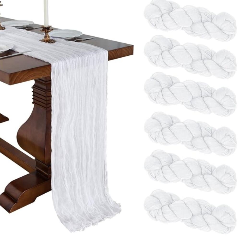 6 Pack 10Ft White Cheesecloth Table Runner, Sheer Fabric Rustic Boho Table Gauze
